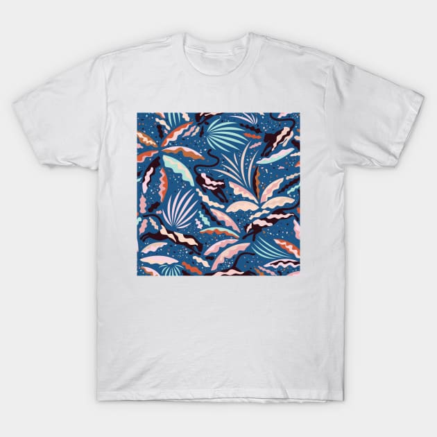 Panthers and Exotic Plants on Blue Background T-Shirt by matise